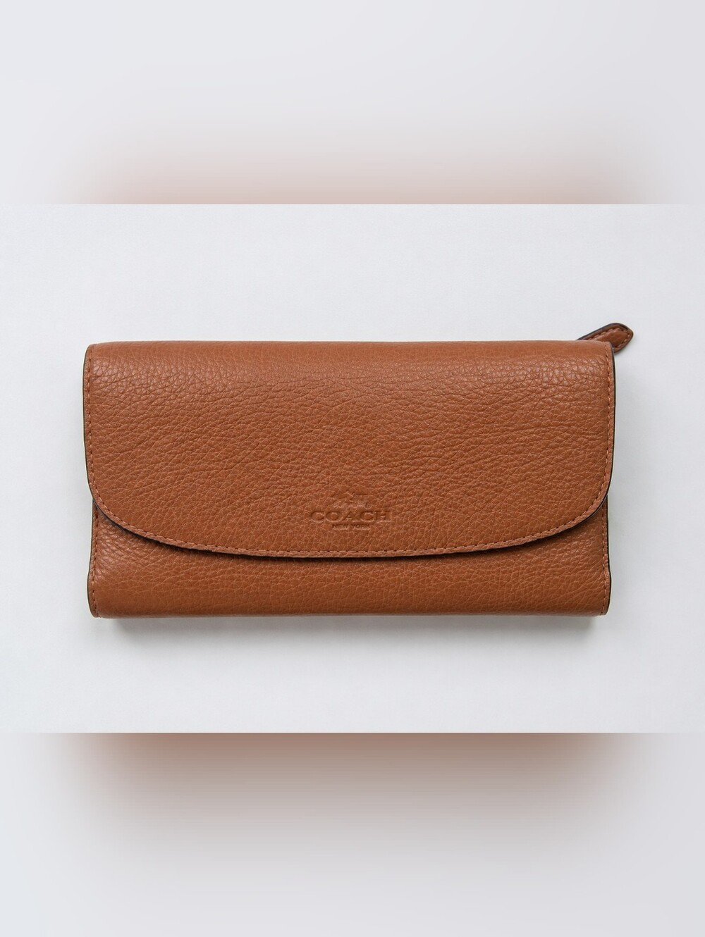Coach New York Pebbled Leather Snap Flap Long Wallet Camel Brown Zip Back
